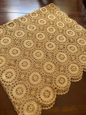 Handmade Crochet Tablecloth - tan beige color Lace Design 57” x 66”